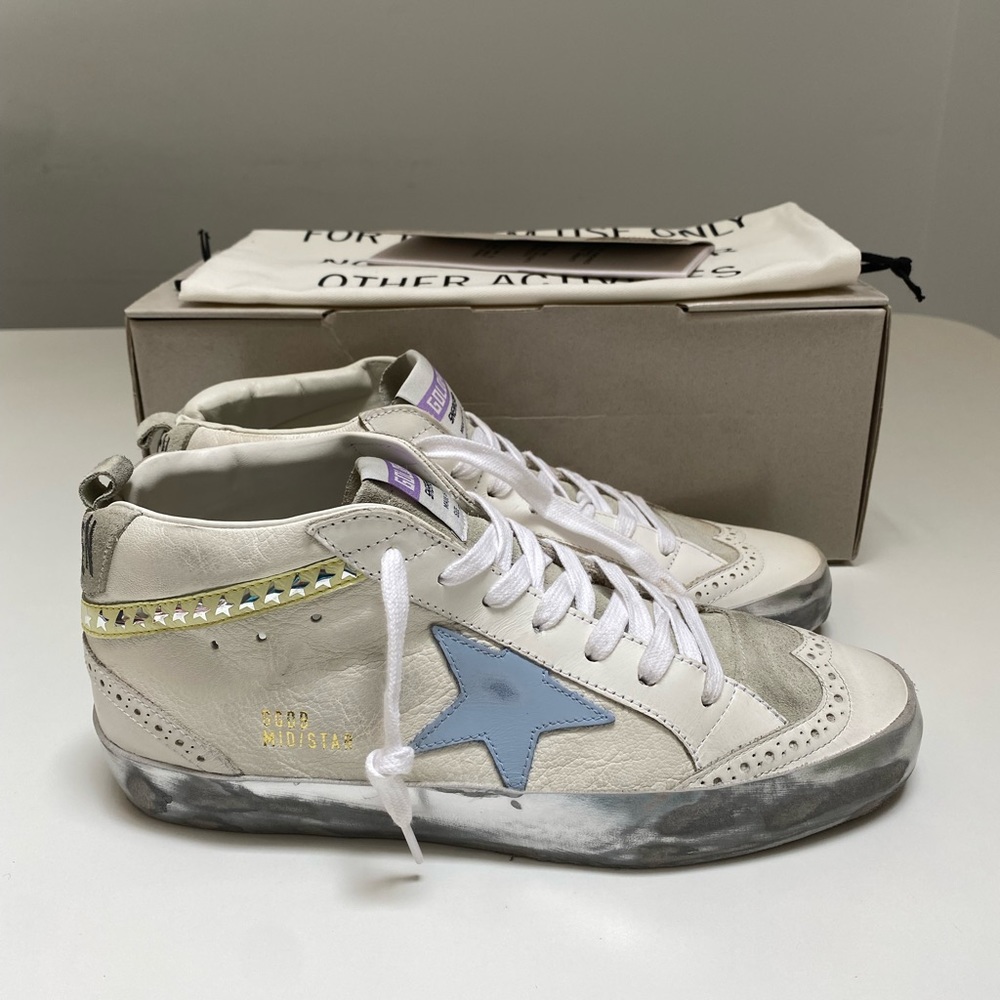 Golden Goose Mid Star Sneaker White Leather/Ice/Blue/Yellow/Metallic sz 40 NIB